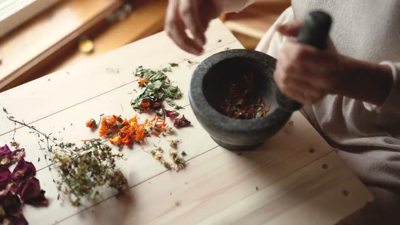 Botanical ingredients in a mortar and pestle